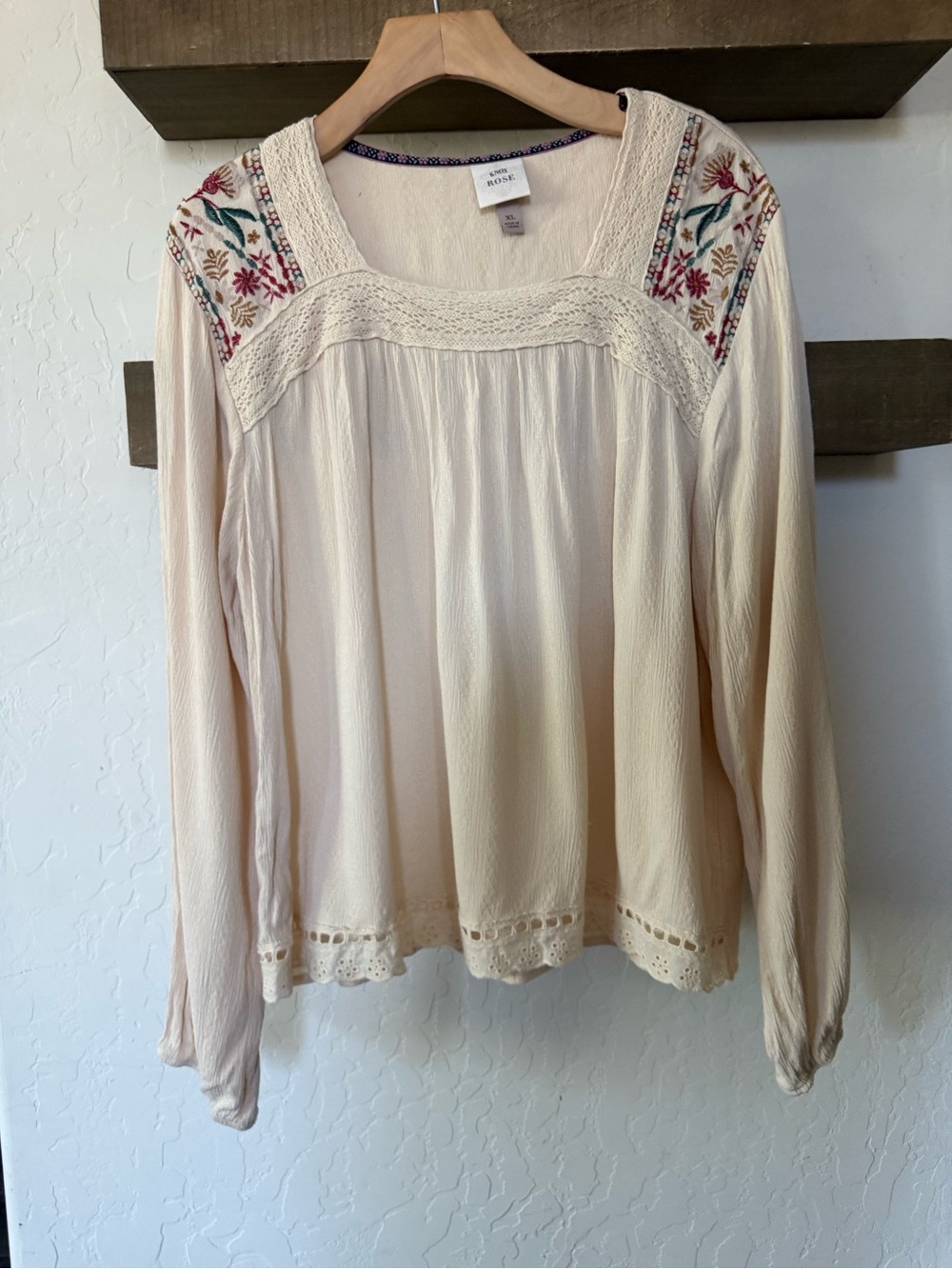 Knox Rose|Boho Cream floral Embroidered Long-Sleeve Peasant Blouse,crotchet••• - Picture 9 of 13